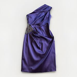 Eliza J Stretch Satin One Shoulder Cocktail  Formal Dress Purple Sz 2 Embellish